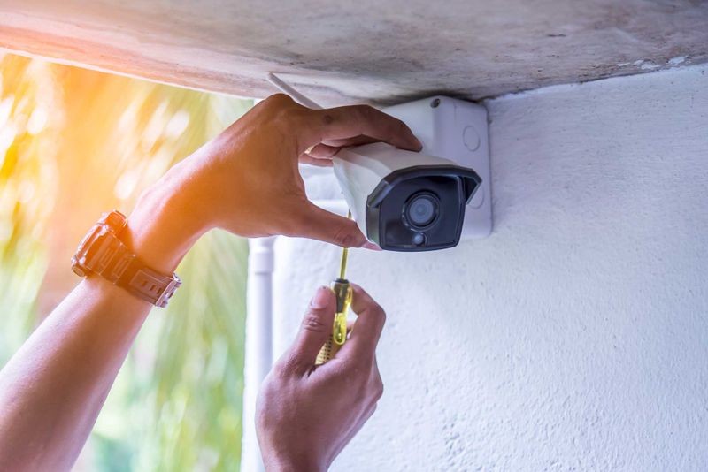Technician installing IP wireless CCTV camera by screwed for home security system professional security camera installation